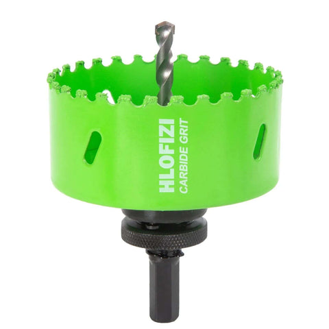 Front view of HLOFIZI 3-5/8-inch carbide grit hole saw; green body with arbor shank