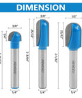 Three Round Nose router bits from Six Piece Round Nose Router Bit And 90 Degree V Groove Router Bit Set With One Quarter Inch Shank