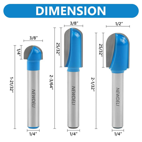 Three Round Nose router bits from Six Piece Round Nose Router Bit And 90 Degree V Groove Router Bit Set With One Quarter Inch Shank