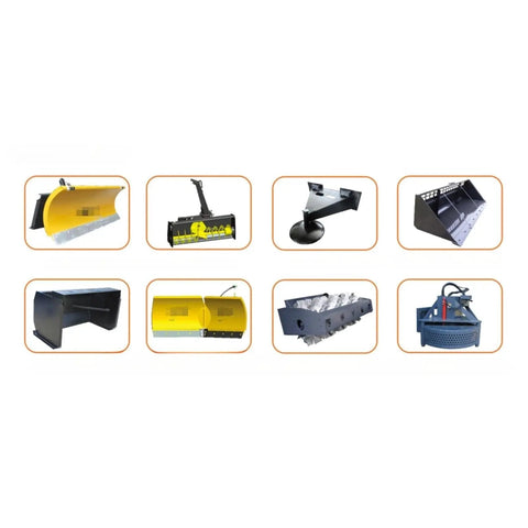 Track Type Mini Skid Steer Loader Workhorse attachments for construction, landscaping jobs, including buckets and augers.