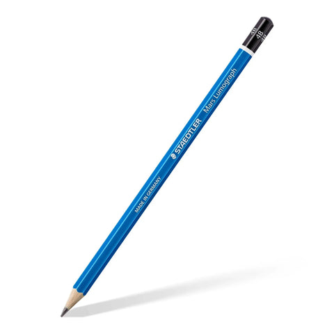 Mars Lumograph 4B Graphite Pencil For Art And Drawing, Medium Soft Lead With Break Resistant Bonded Core, Go-To Tool For Smooth Dark Sketching Lines, 12 Pack, 100 4B; single pencil with blue exterior and black tip, shown from the side.