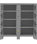 Built Tough Welded Steel Job Site Cabinet, Outdoor Tool Storage Locker With Three Point Lock, Forklift Ready Base, Pre Assembled Contractor Gear Vault, UV Resistant Finish, open view with shelves