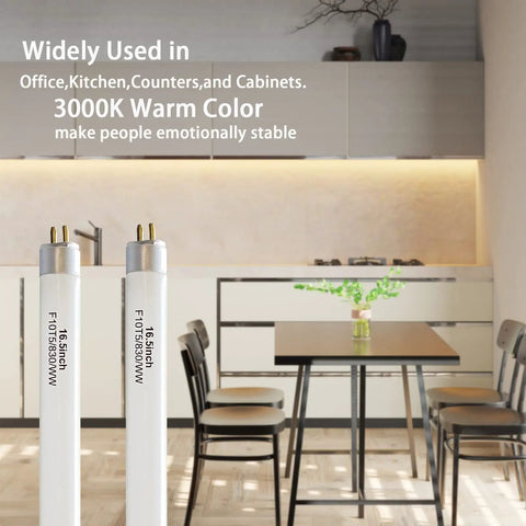 16 Inch Fluorescent T5 Replacement Bulbs 10W 3000K Warm White G5 Bipin Base 6 Pack in a kitchen setting