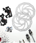 Top Notch Mechanical Disc Brake Kit For Mountain Bike With Front And Rear Rotors And Dual Knob Aluminum Calipers In Silver, includes rotors and calipers.