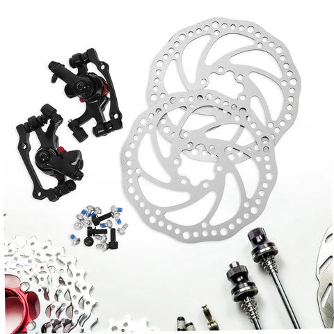 Top Notch Mechanical Disc Brake Kit For Mountain Bike With Front And Rear Rotors And Dual Knob Aluminum Calipers In Silver, includes rotors and calipers.