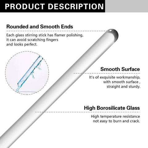 Long 12 Inch Glass Stirring Rod Set Of 8 With Round Ends, Flame Polished For Smooth Finish, 6 mm Diameter, Durable Glass Stir Sticks For Lab Mixing, Home Bar Beverages, Jars And DIY Crafts, glass rod close-up