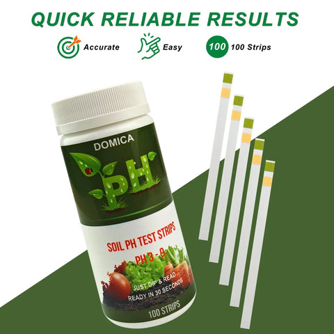 100 Count Soil pH Test Strips For Gardening And Lawn Care pH 3 To 9 Quick Mud pH Tester Paper with packaging and loose strips.
