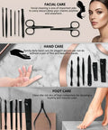 Pro Grade 26 Piece Manicure Set With Stainless Steel Nail Clippers And Multifunction Tools For Hand Care Facial Care And Foot Care In Luxurious Brown Travel Case showing detailed tool layout
