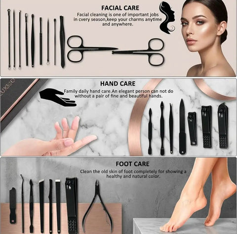 Pro Grade 26 Piece Manicure Set With Stainless Steel Nail Clippers And Multifunction Tools For Hand Care Facial Care And Foot Care In Luxurious Brown Travel Case showing detailed tool layout