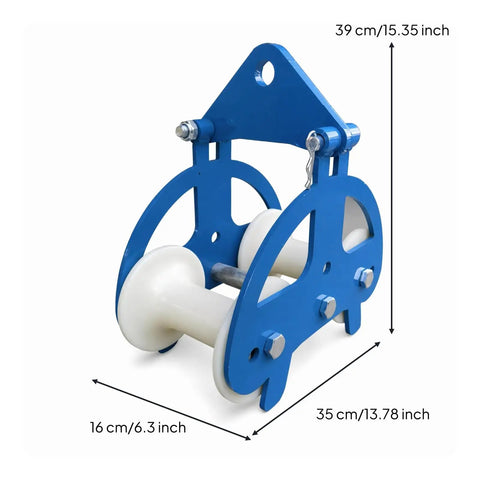 Heavy Duty Cable Pulley Roller Guide Block With Steel Frame And Visible Fasteners For Industrial Utility Jobs Two Wheel Nylon H Type 160 By 140 Mm Rugged Routing Tool For Tough Job Sites, blue 39 cm