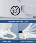 Touch side panel and slow-closing lid of Straight Up Premium Electric Heated Bidet Toilet Seat For Round Toilets Featuring Turbo Wash And Quick Air Dry Plus Triple Warmth Settings Smooth Close Lid And Wireless Remote With Led Night Light.