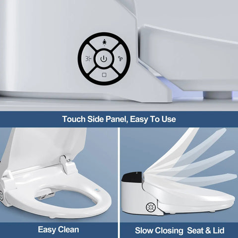 Touch side panel and slow-closing lid of Straight Up Premium Electric Heated Bidet Toilet Seat For Round Toilets Featuring Turbo Wash And Quick Air Dry Plus Triple Warmth Settings Smooth Close Lid And Wireless Remote With Led Night Light.