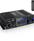 Front view of a 4 Channel Bluetooth 5.0 HiFi Power Amplifier With 50W Per Channel And 1200W Max, showing controls and remote.
