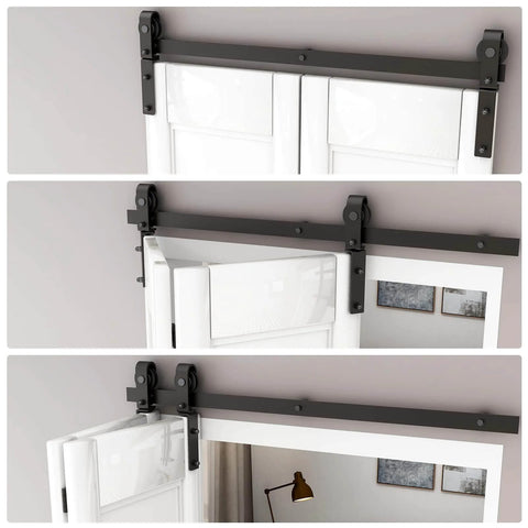 52 Inch Bi Folding Barn Door Hardware Track Kit With Side Mounted Black Rollers For Double 24 Inch Bifold Doors Smooth Quiet Operation And Easy Install Space Saving Sliding Hardware Door Not Included in use with white bifold doors.