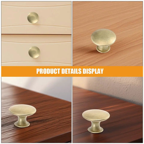 6pc Vintage Round Cabinet Knobs Gold Antique Finish With DIY Friendly Easy Install Drawer Pulls For Cabinets, Doors, Wardrobe Universal Fit Durable Kitchen Furniture Hardware shown on wood surfaces
