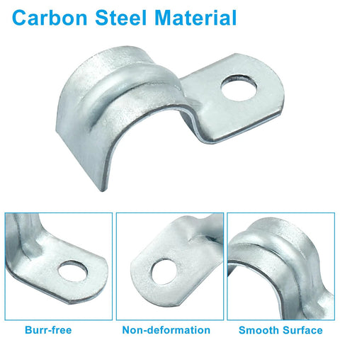 Pipe strap clamp, 1/2 in zinc-plated steel, one-hole bracket for conduit; front view.