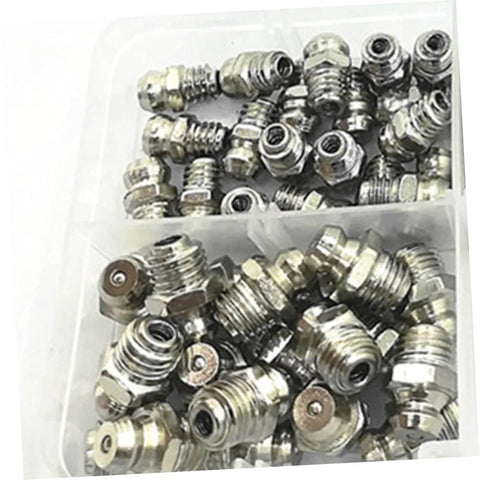 Assorted fittings in Grease Fitting Kit With All In One Grease Gun Nozzles For Lubricating Bearings And Machinery Assorted Fittings In Various Sizes Angled And Screw Nozzles Durable Construction Storage Case Included Great For Home Shop And Industrial Use