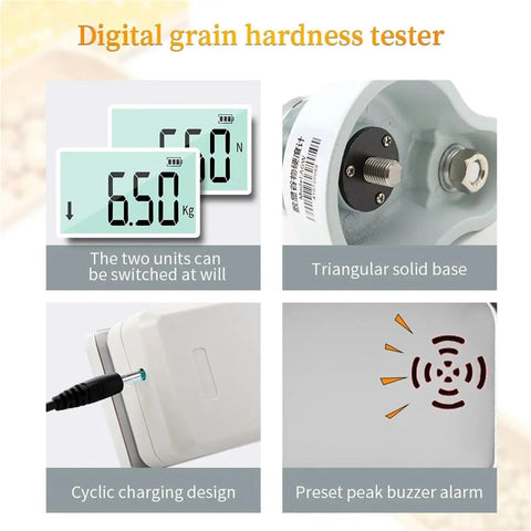 Handheld Digital Hardness Tester And Sclerometer For Corn Wheat Coffee And Feed with display and charging features.