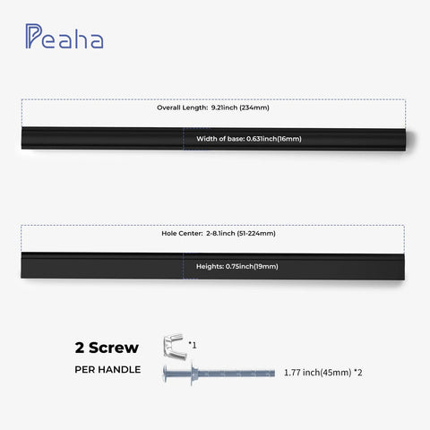 Diagram of Ten Pack Adjustable Black Cabinet Drawer Pulls from 2 to 8.8 inches hole spacing, showing dimensions and screws.