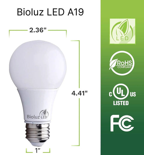 Dimensions of Bioluz LED A19 bulb, part of 24 Pack A19 LED Light Bulbs 9W Non Dimmable, 60W Equivalent, 4000K Cool White.