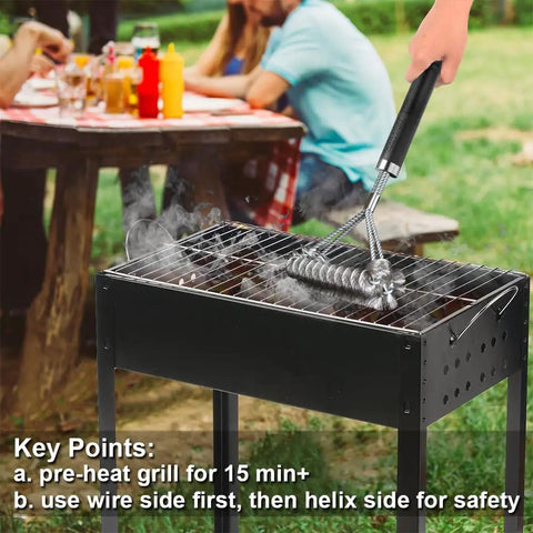 Person using Wire And Helix 2 In 1 Grill Brush Grillin Safe And Efficient Grill Cleaning 18 Inch BBQ Cleaner Scrubber on grill