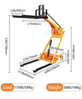Compact Foldable Electric Stacker With 1543 Lbs Lifting Capacity, Articulated Boom Forklift For Tight Spaces showing dimensions and features.