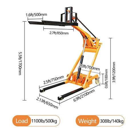 Compact Foldable Electric Stacker With 1543 Lbs Lifting Capacity, Articulated Boom Forklift For Tight Spaces showing dimensions and features.