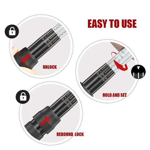 Diagram showing adjustment features of Half Inch Drive Click Torque Wrench Dual Direction Adjustable, 10-150 Ft-Lb