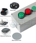 DIY metal push-button control box with aluminum shell, green and red push buttons, waterproof sealing ring.