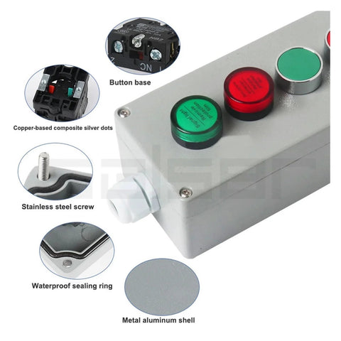 Push-button control box with red and green buttons; gray metal housing, waterproof aluminum shell.