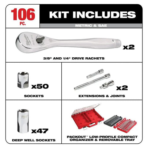 Image displaying 106 Piece Ratchet And Socket Set In Durable Polycarbonate Case One Quarter Inch To Three Eighths Inch Drive With SAE And Metric Sizes For Quick Versatile Home And Shop Repairs Heavy Duty Pro Grade Tool Set with components.