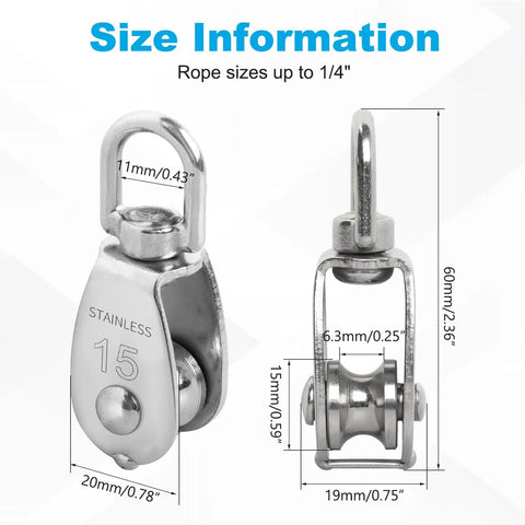 12 Pack M15 Pulleys For Rope And Cable 304 Stainless Steel Wire Pulley Wheel Heavy Duty Swivel Pulley Block product dimensions