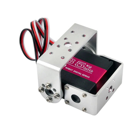 Heavy Duty Dual Shaft Digital Servo Featuring Killer Thirty Five Kilogram Rock Solid Torque And Slick Metal Gears For Full Two Seventy Sweep In Rc Cars Robots, showcasing metal body and control wires.