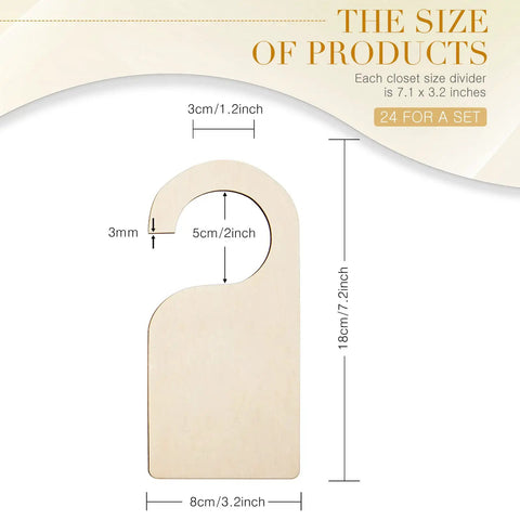 Image of a wooden closet divider with measured dimensions, part of the "Wooden Closet Divider Set With Marker Pen, 24 Blank Size Dividers For Home And Nursery Clothes, Hanger Separator Organizers To Keep Your Closet Neat, Tidy, And Easily Find What You Need.”
