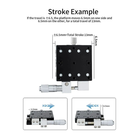 Rock Solid Precision 3 Axis Manual Linear Stage With 40 Millimeter Roller Guide Platform demonstrating stroke travel of 13mm.