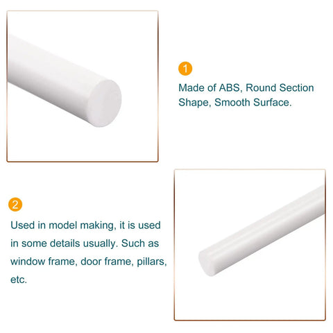Solid White ABS Plastic Round Rod 6mm By 250mm For DIY Model Material And Architectural Model Making Awesome For Window Frames Pillars Detailing And Sand Table Diorama Projects Pack Of 10 showing two close-up views of the rod with smooth surface.