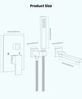 Wall Mounted Bathtub Faucet With Handy Sprayer Built To Last Matte Black Tub Shower Set Single Handle Mixer With 2 In 1 Diverter And Swivel Spout Rough In Valve Included product dimensions diagram showing measurements of faucet, sprayer, and swivel spout