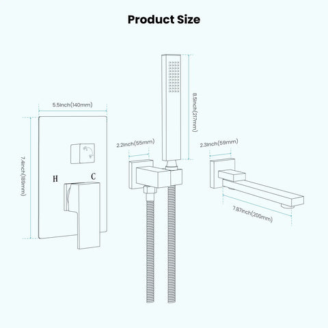 Wall Mounted Bathtub Faucet With Handy Sprayer Built To Last Matte Black Tub Shower Set Single Handle Mixer With 2 In 1 Diverter And Swivel Spout Rough In Valve Included product dimensions diagram showing measurements of faucet, sprayer, and swivel spout