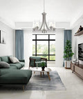 Interior with Traditional 5 Light Chandelier In Brushed Nickel With Clear Glass Shades over living room area