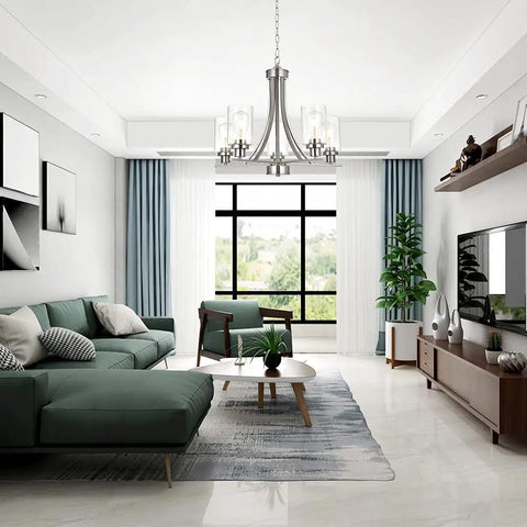 Interior with Traditional 5 Light Chandelier In Brushed Nickel With Clear Glass Shades over living room area
