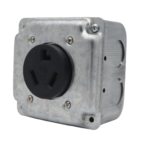 Industrial Grade Nema 10-30R Power Outlet With Surface And Flush Mount Options, galvanized steel 30A heavy duty receptacle.