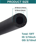 Five Sixteenth Inch ID Fuel Line Hose 10 Ft With 10 Clamps High Pressure 300 PSI NBR Oil Resistant Heavy Duty Automotive Fuel Line For Engine And Fuel System showing dimensions