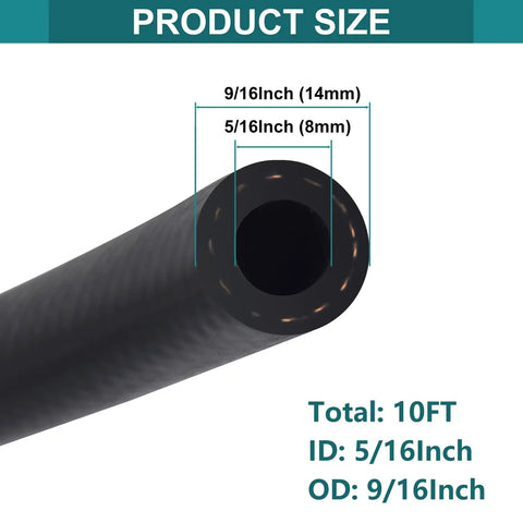 Five Sixteenth Inch ID Fuel Line Hose 10 Ft With 10 Clamps High Pressure 300 PSI NBR Oil Resistant Heavy Duty Automotive Fuel Line For Engine And Fuel System showing dimensions