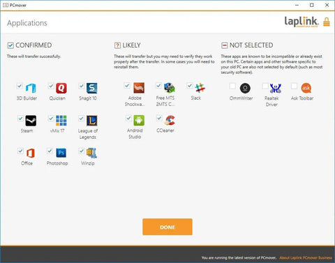 Software interface showing app transfer options for Easy PC Migration Made Breezy, No Fuss, Move All Your Apps, Files And Settings From Old PC To New PC With AI Guided Transfer, Clear Summaries, And Optional Super Speed USB 3.0 Cable, Business Standard License