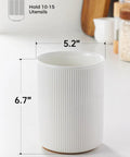 Ceramic utensil holder with cork bottom for countertop, 6.7" tall, holds 10-15 kitchen tools, vintage white organizer for clutter-free space.