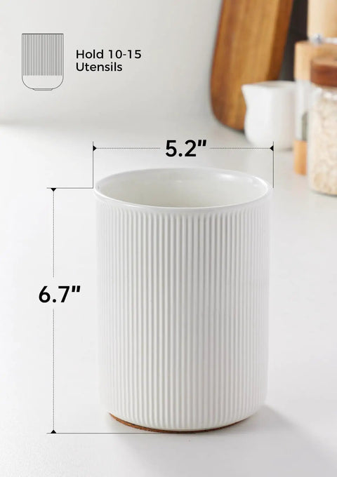 Ceramic utensil holder with cork bottom for countertop, 6.7" tall, holds 10-15 kitchen tools, vintage white organizer for clutter-free space.
