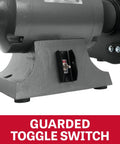 Guarded toggle switch on Heavy Lifter 10 Inch Bench Grinder with 1 Horsepower motor and 1750 RPM for safety.
