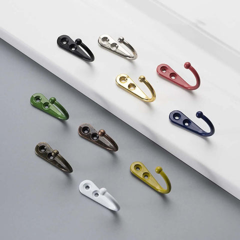 Set of ten diverse wall mounted hooks in various colors, ideal for storage solutions. Built Tough Wall Mounted Hooks Set Of Four Premium Zinc Alloy Coat Hangers Bright Yellow For Bathroom Bedroom Kitchen Cabinet Storage Straight Forward Mount Screw Kit Included.