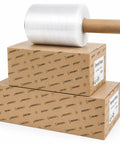 Top Shelf 4 Pack Stretch Wrap Rolls 5 Inches Wide 1000 Feet Long 80 Gauge Clear Cling Plastic Film With Extended Core Handle on boxes.