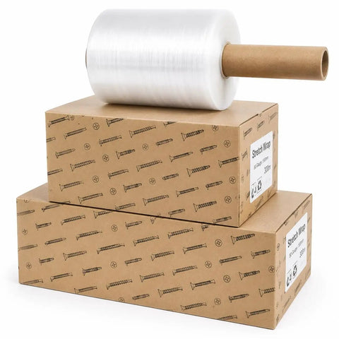 Top Shelf 4 Pack Stretch Wrap Rolls 5 Inches Wide 1000 Feet Long 80 Gauge Clear Cling Plastic Film With Extended Core Handle on boxes.